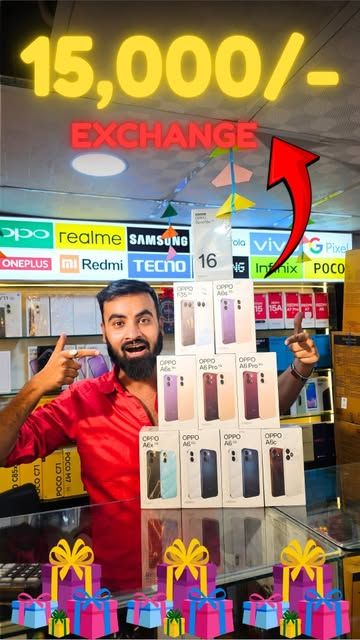 Shop owner with OPPO boxes and a 15,000 rupee exchange offer